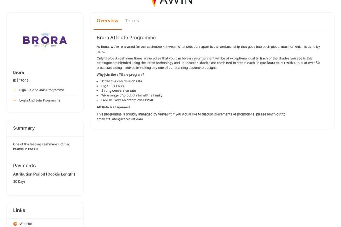 Brora affiliate program signup page