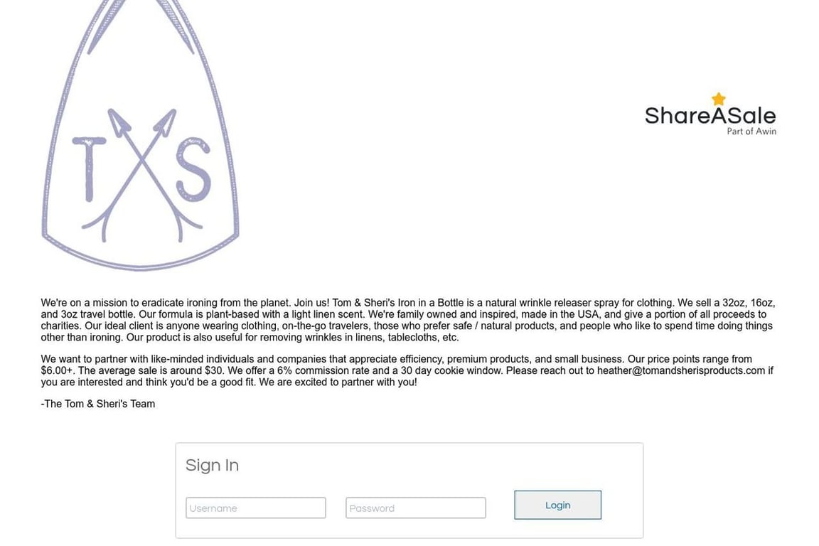 Tom & Sheri’s Products affiliate program signup page