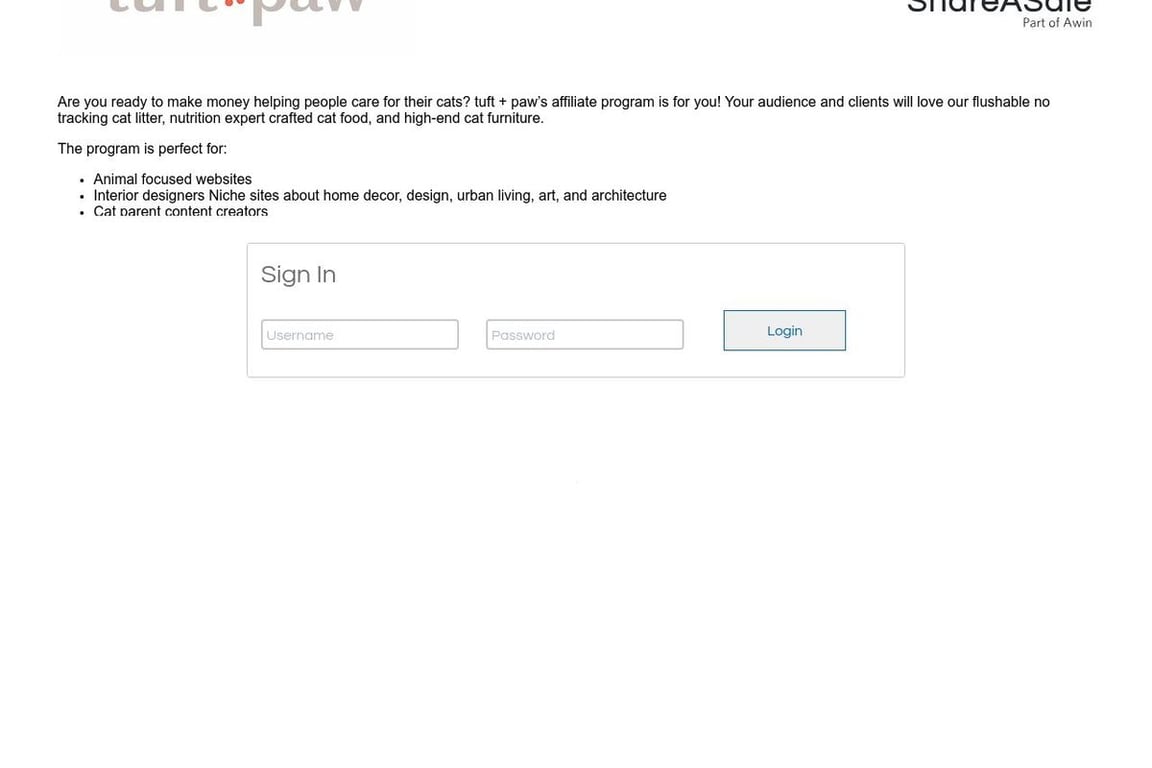 Tuft and paw affiliate program signup page