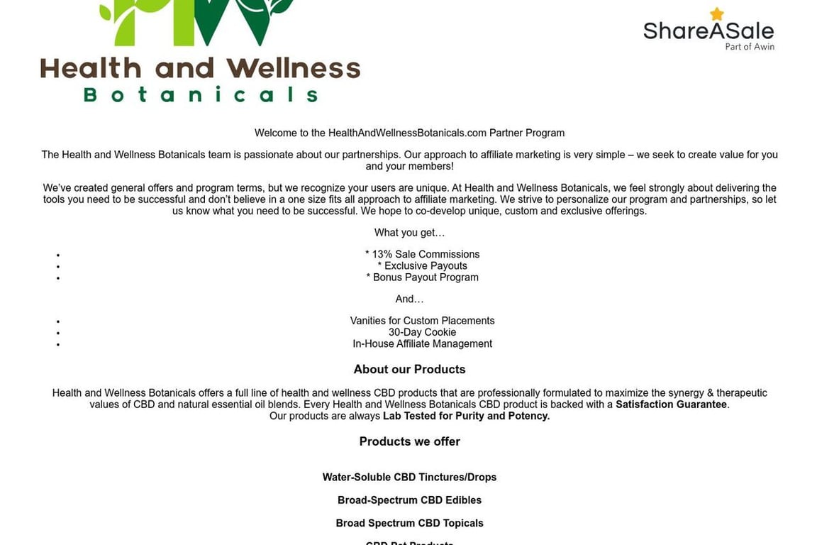 Health and Wellness Botanicals affiliate program signup page