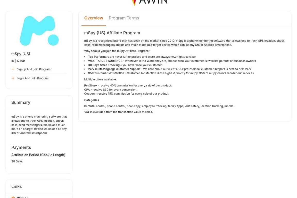 MSpy affiliate program signup page