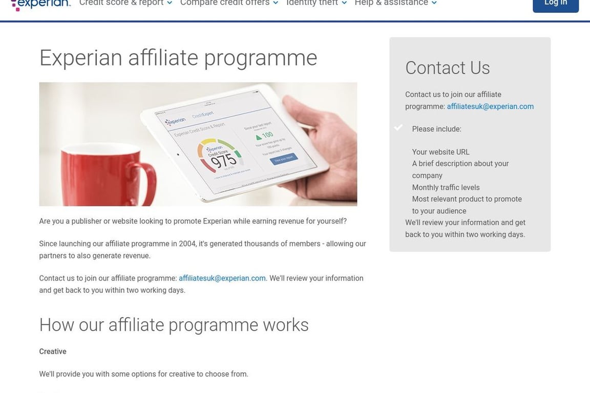 Experian IdentityWorks affiliate program signup page