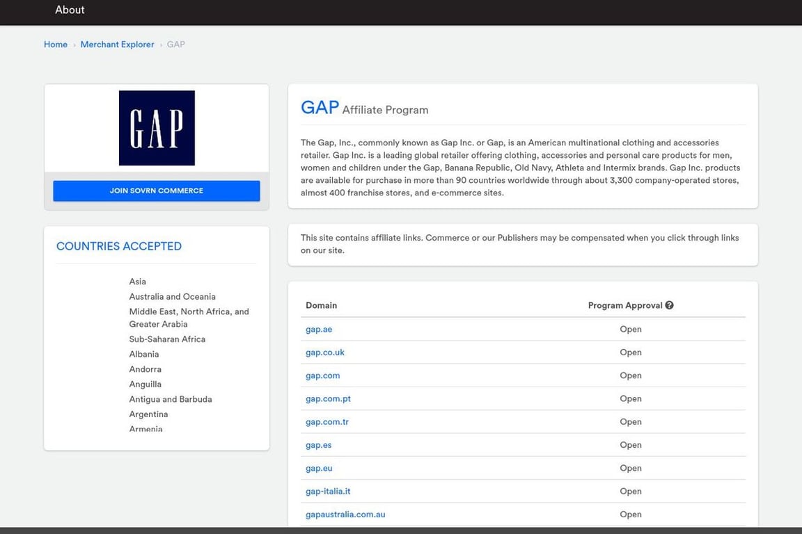 Gap affiliate program signup page