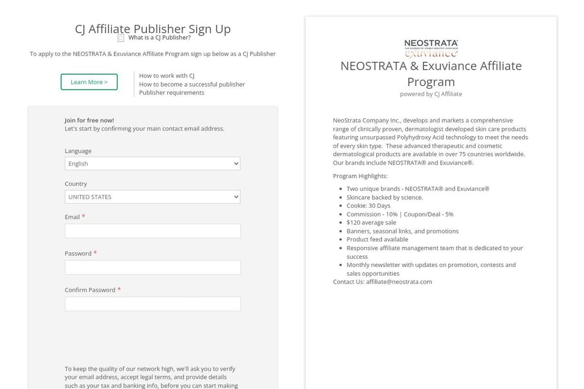 NEOSTRATA & Exuviance affiliate program signup page