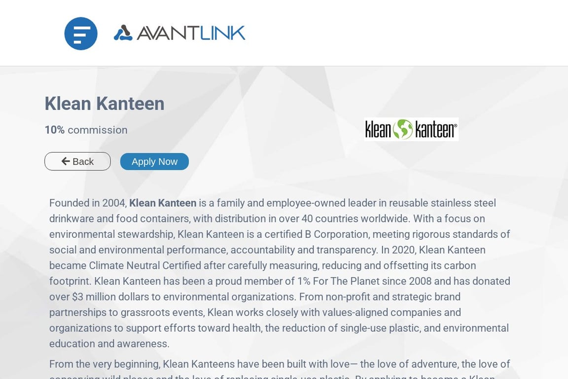 Klean Kanteen affiliate program signup page