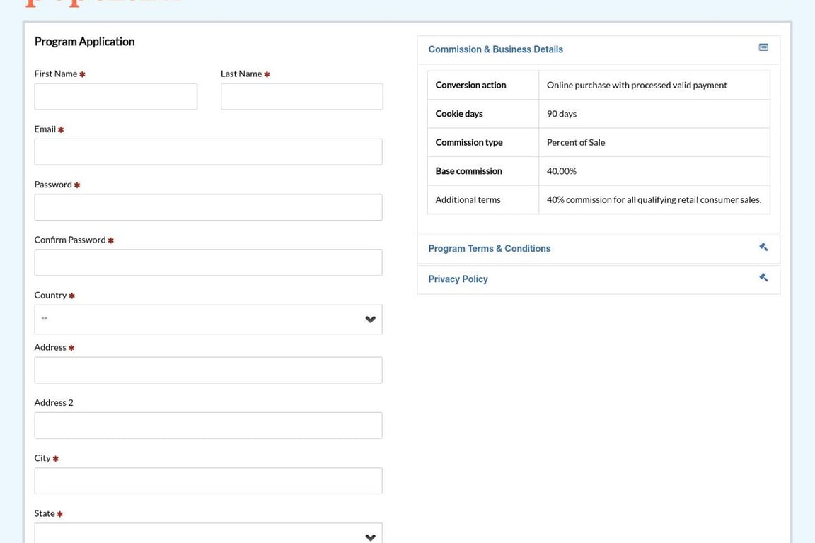 Populum affiliate program signup page
