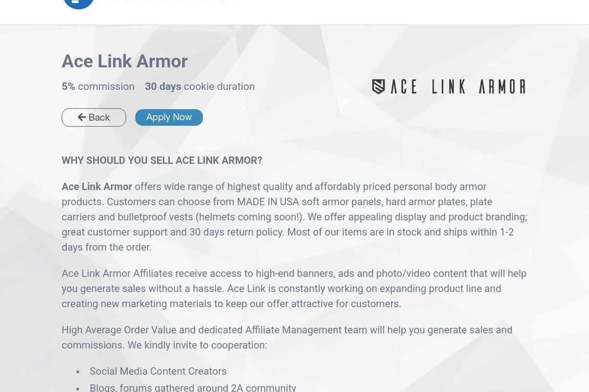 Ace Link Armor affiliate program signup page
