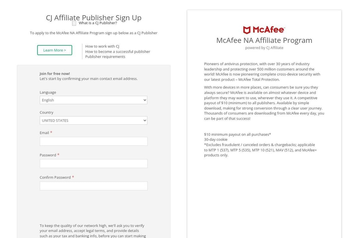 McAfee affiliate program signup page
