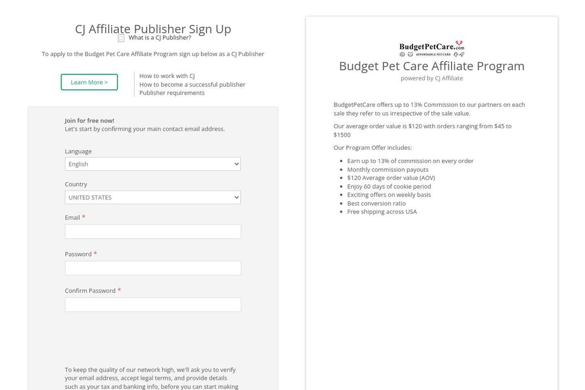 Budget Pet Care affiliate program signup page
