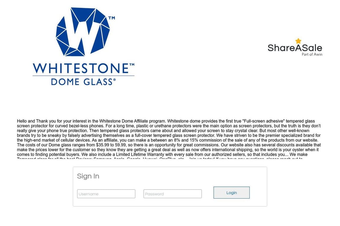 Whitestone Dome affiliate program signup page