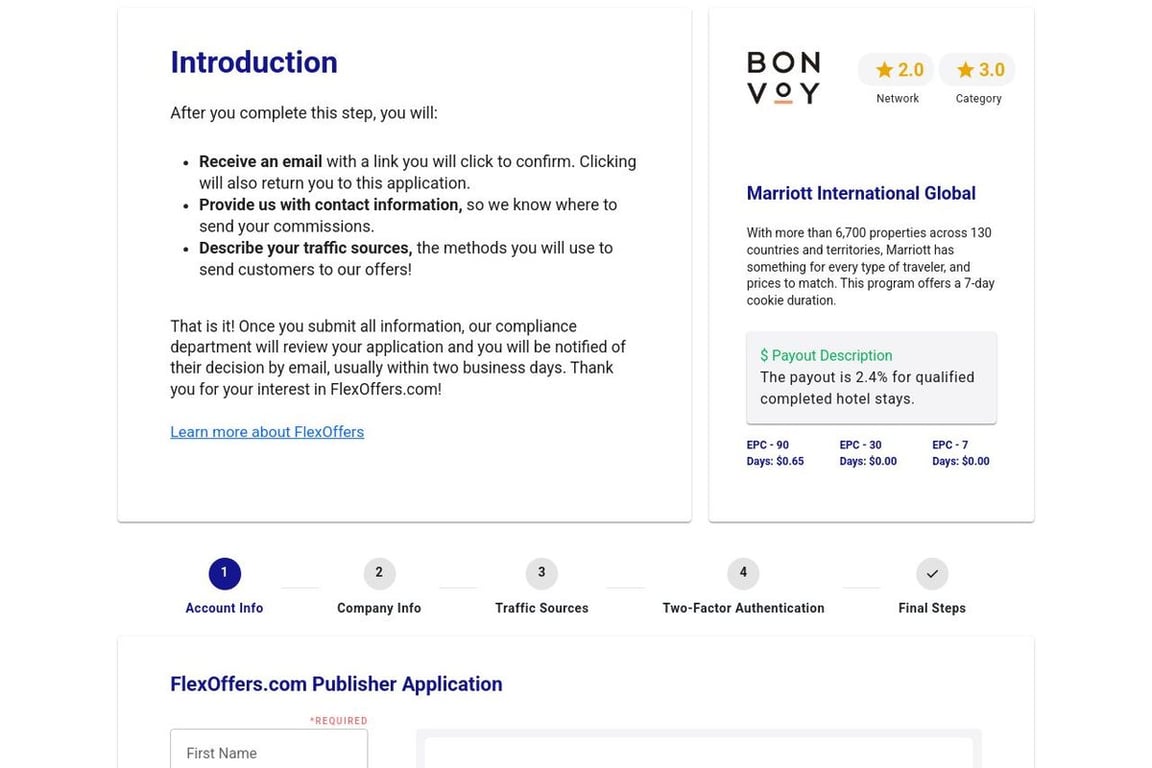 Marriott International Global affiliate program signup page