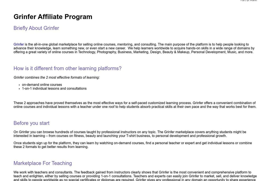 Grinfer. affiliate program signup page