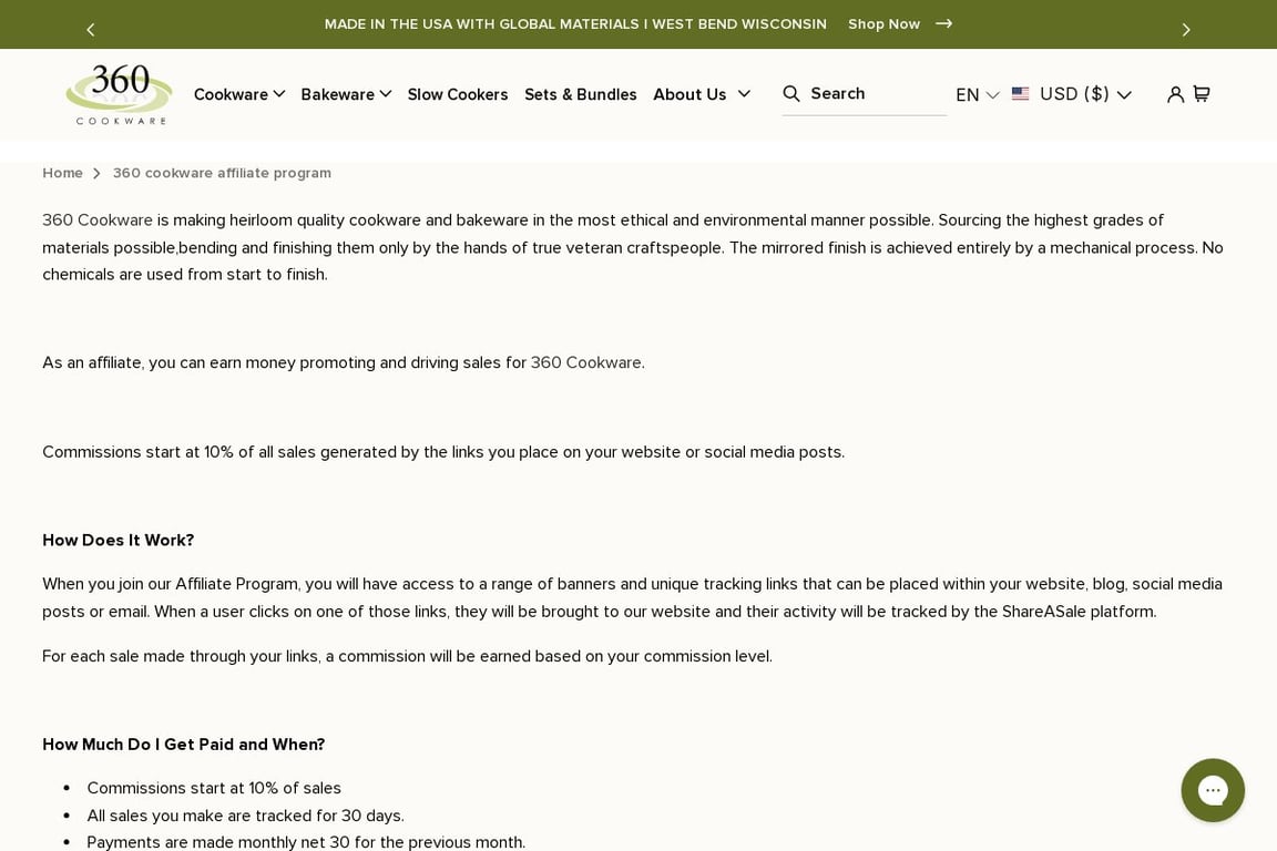 360 Cookware affiliate program signup page