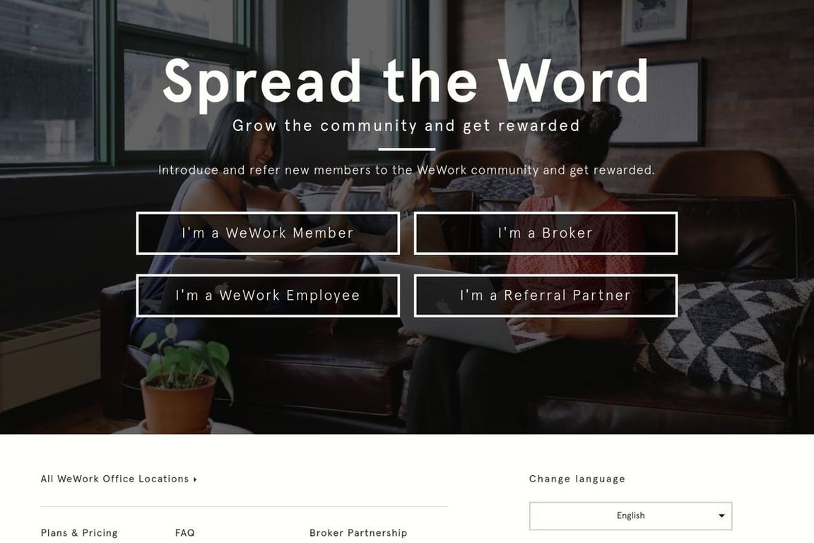 WeWork affiliate program signup page