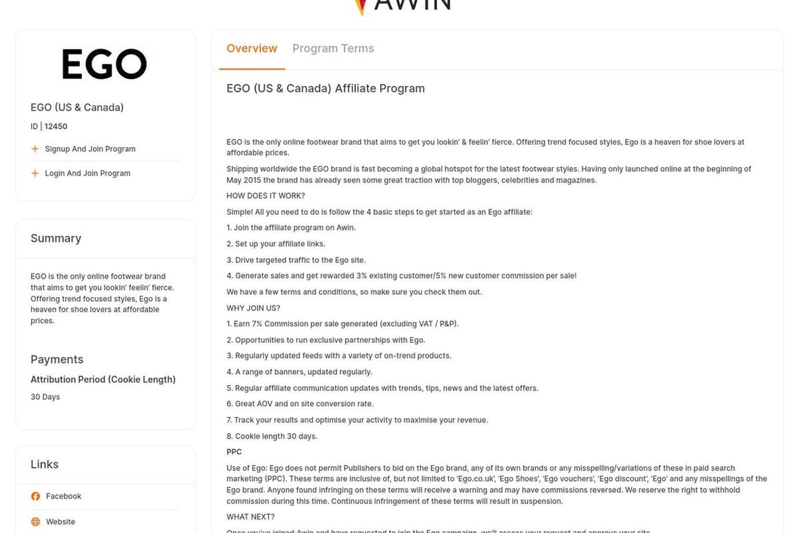 Ego Shoes UK affiliate program signup page