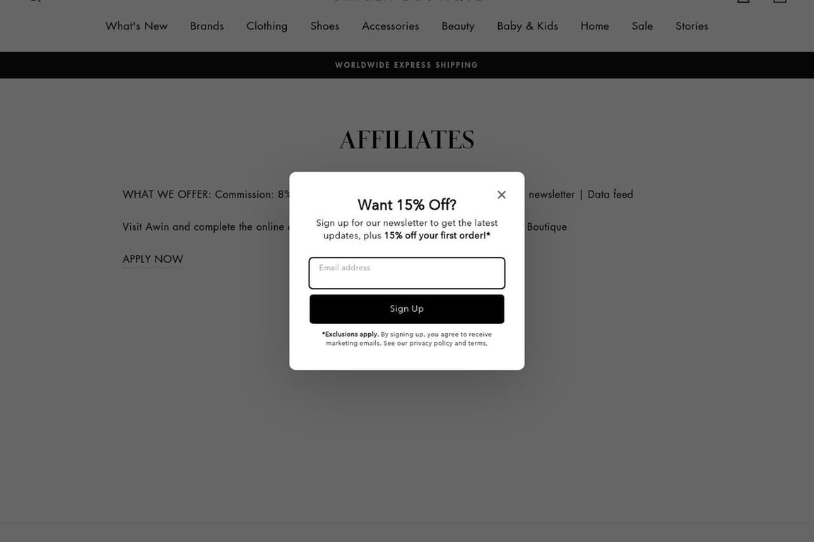 Oxygen Boutique affiliate program signup page