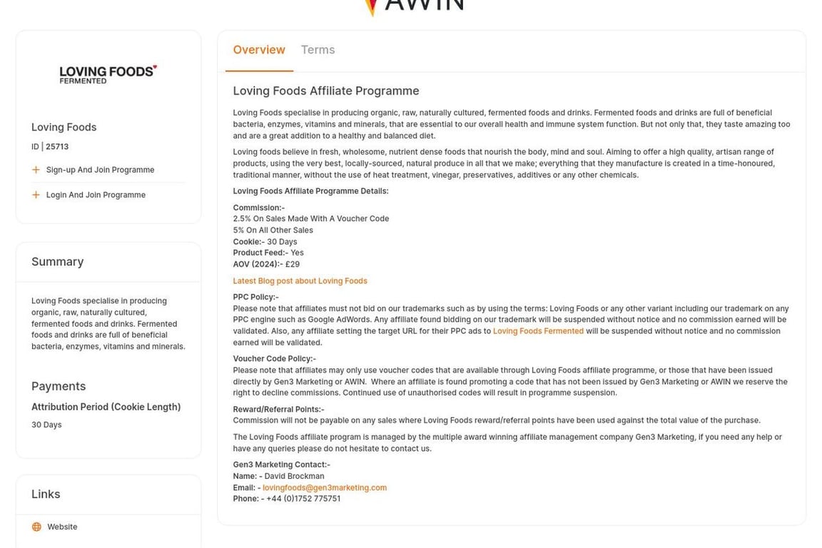 Loving Foods affiliate program signup page