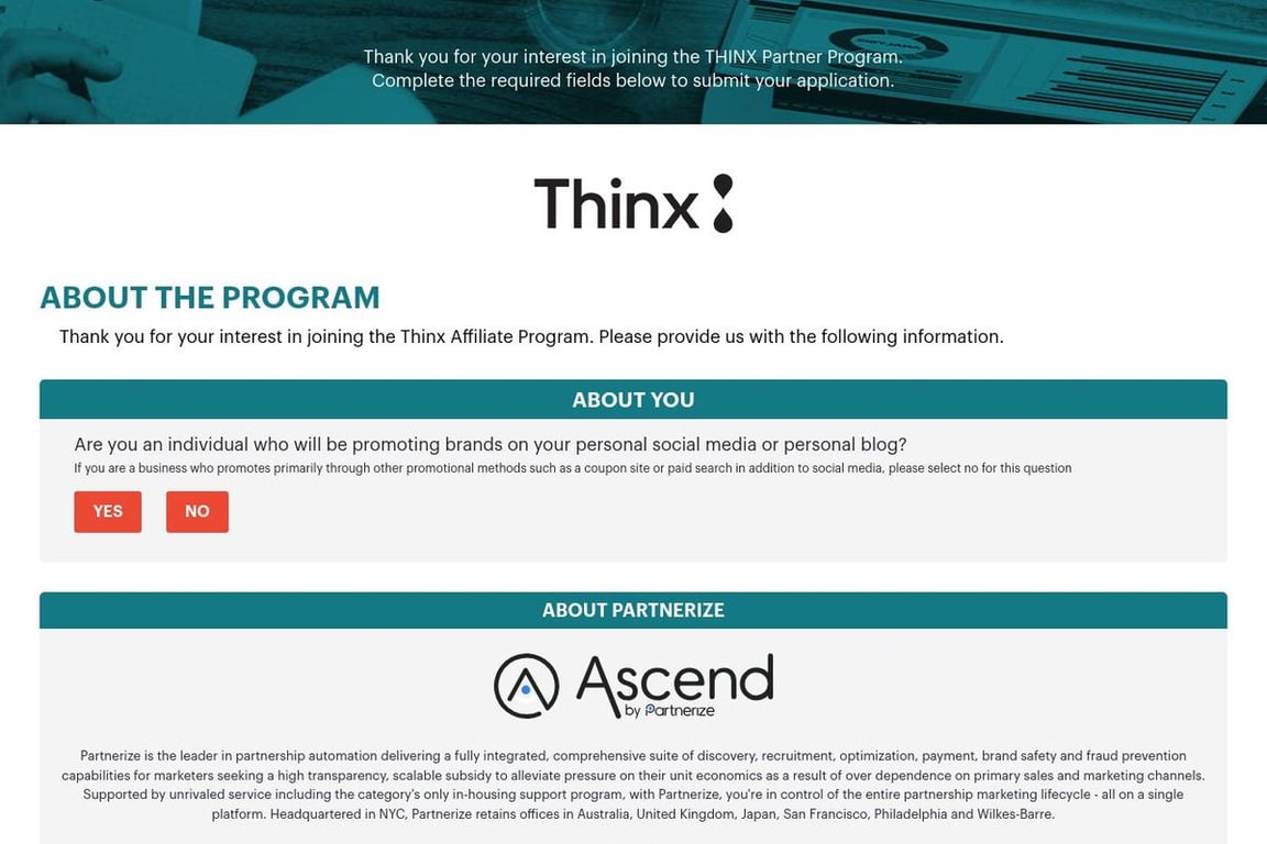 Thinx affiliate program signup page
