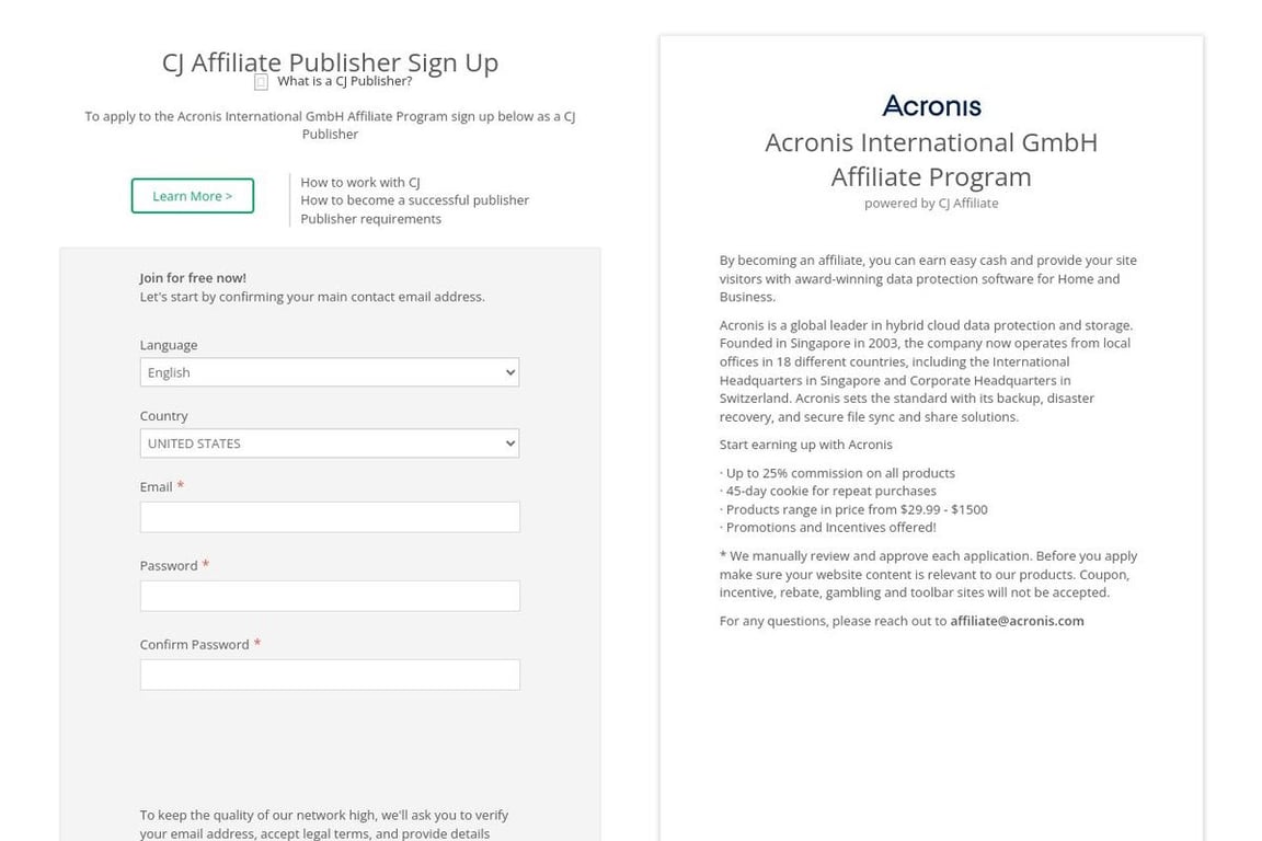 Acronis affiliate program signup page