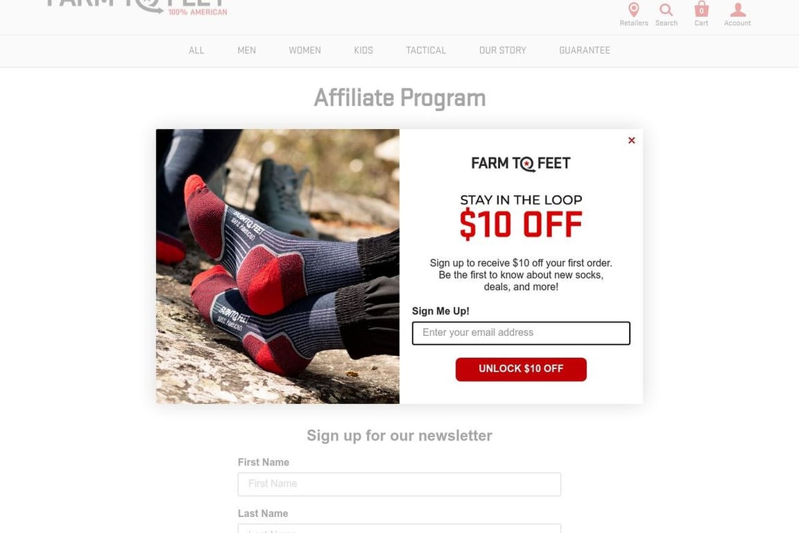 Farm to Feet affiliate program signup page