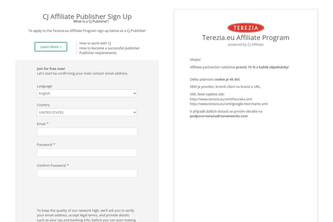 Terezia affiliate program signup page
