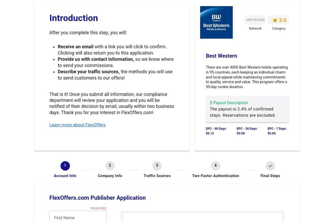 Best Western affiliate program signup page