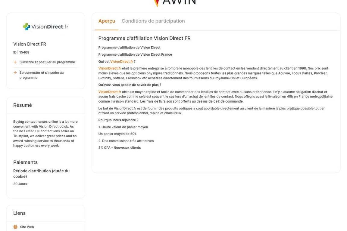 Vision Direct FR affiliate program signup page