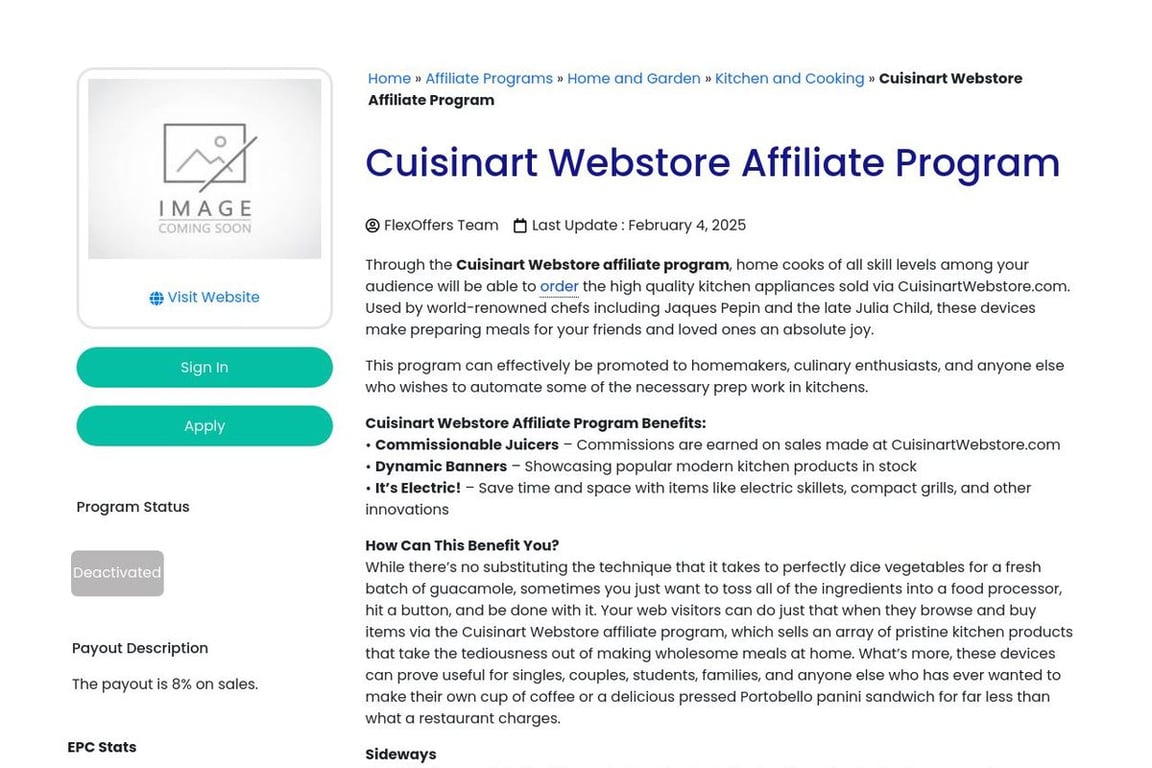 Cuisinart affiliate program signup page