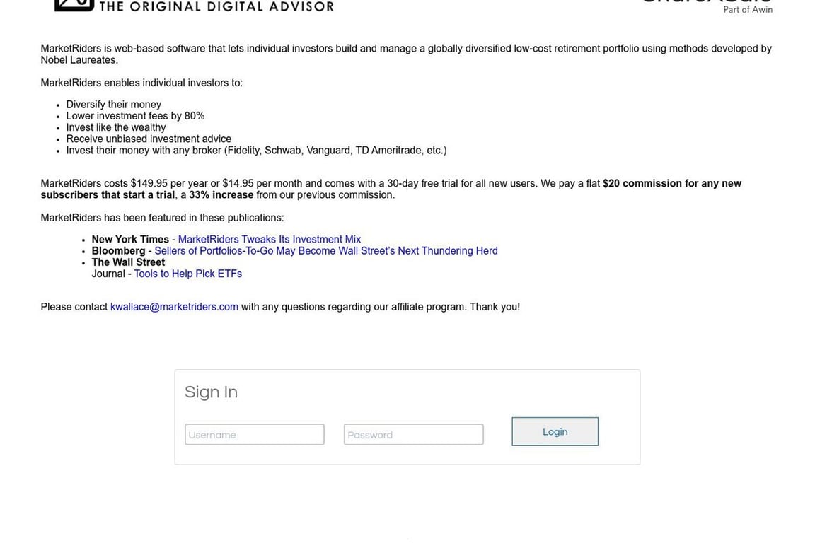 MarketRiders affiliate program signup page