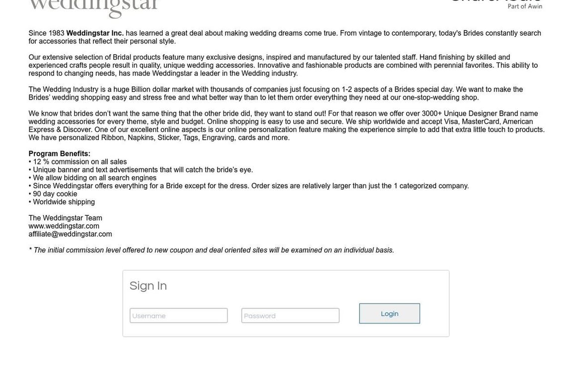 Weddingstar Inc. affiliate program signup page