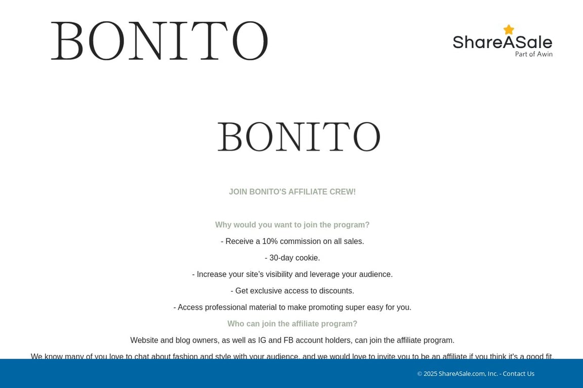 Bonito Jewelry affiliate program signup page