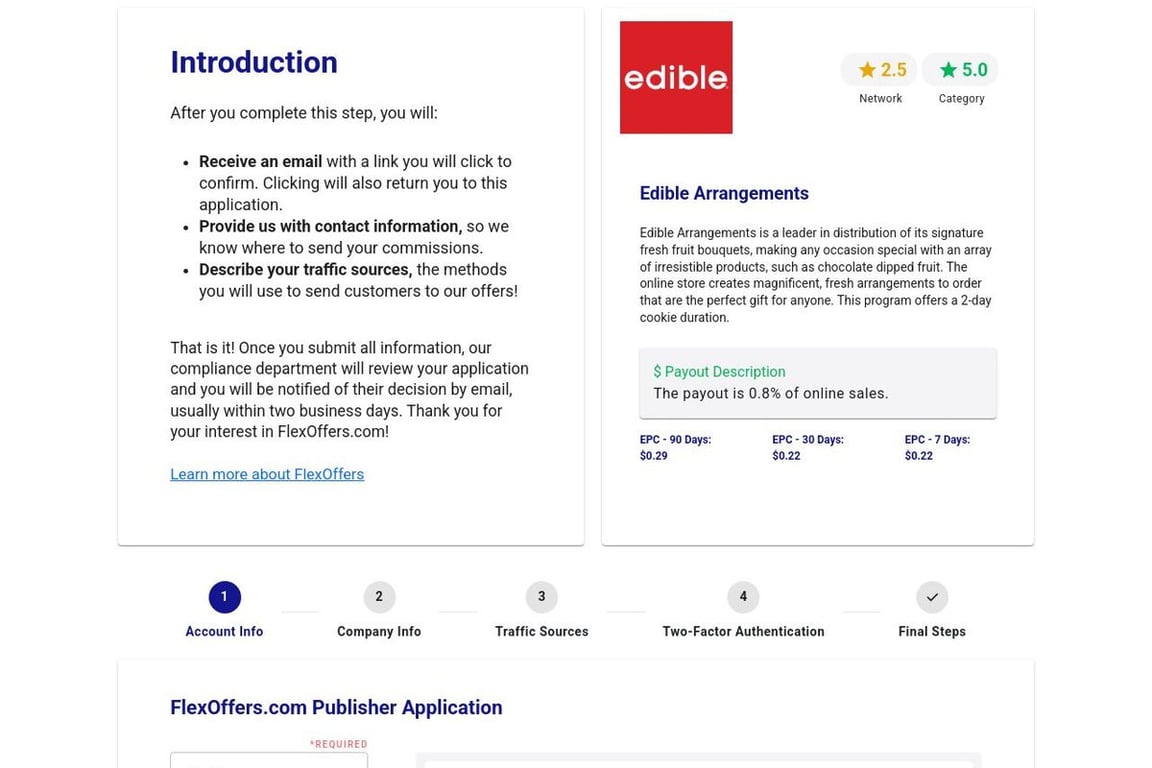 Edible Arrangements affiliate program signup page