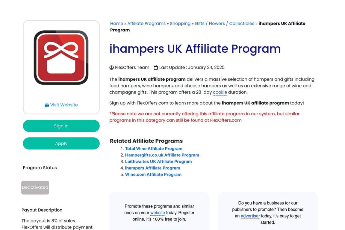 Ihampers UK affiliate program signup page