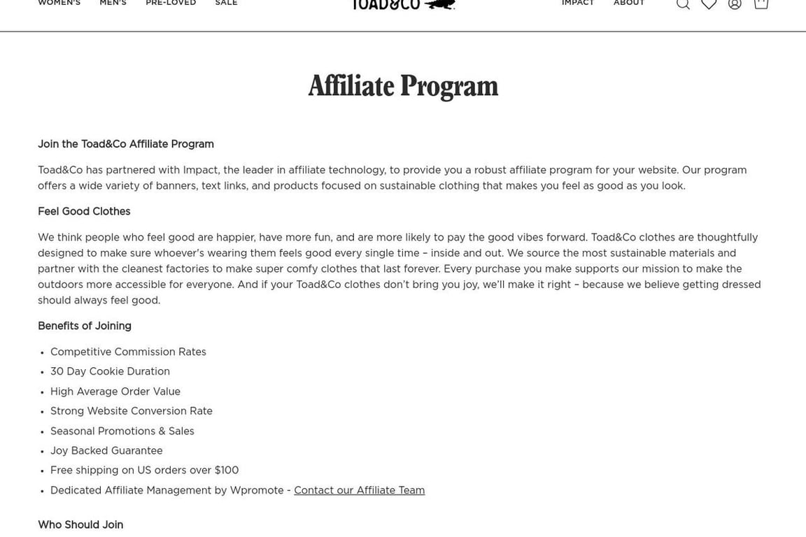 Toad&Co affiliate program signup page