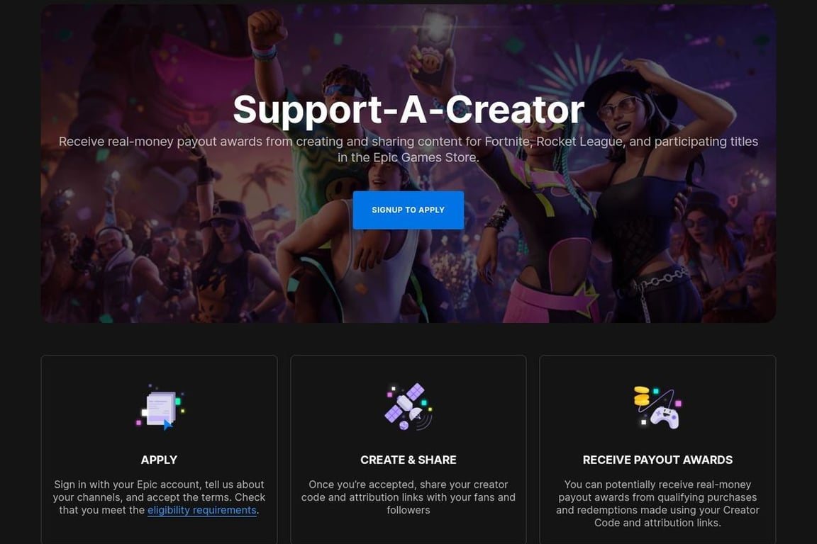 Epic Games affiliate program signup page