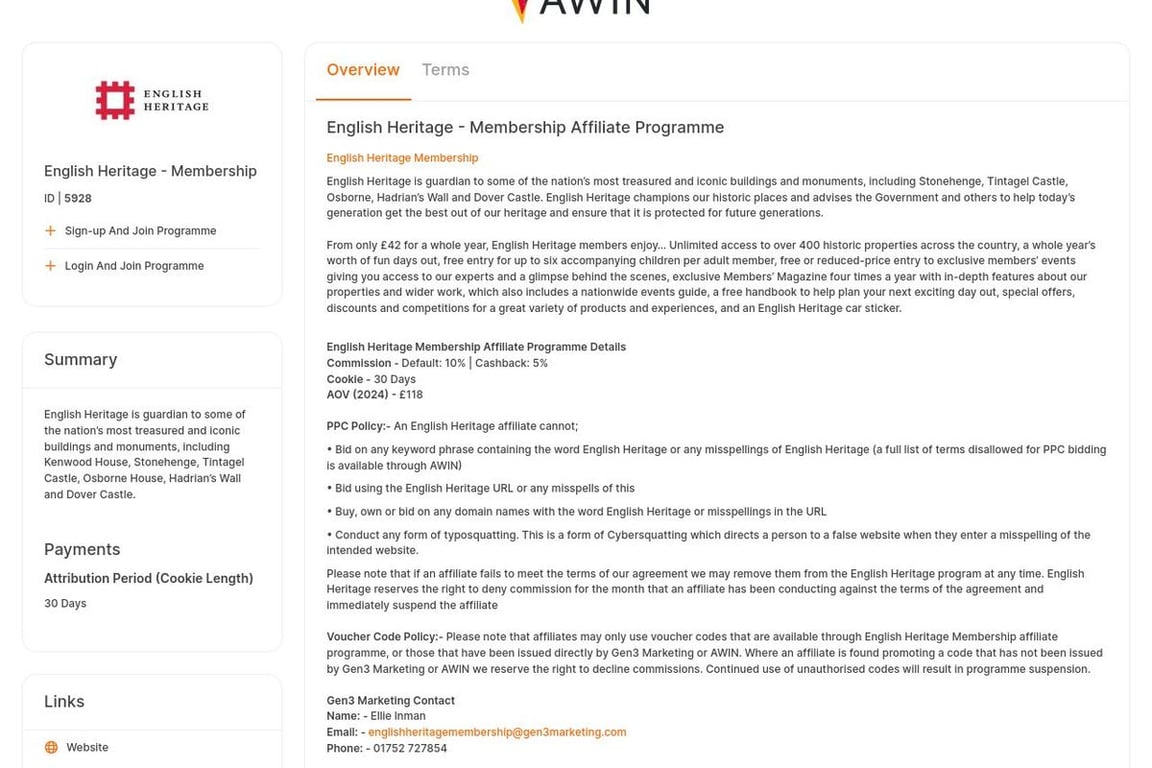 English Heritage – Membership affiliate program signup page
