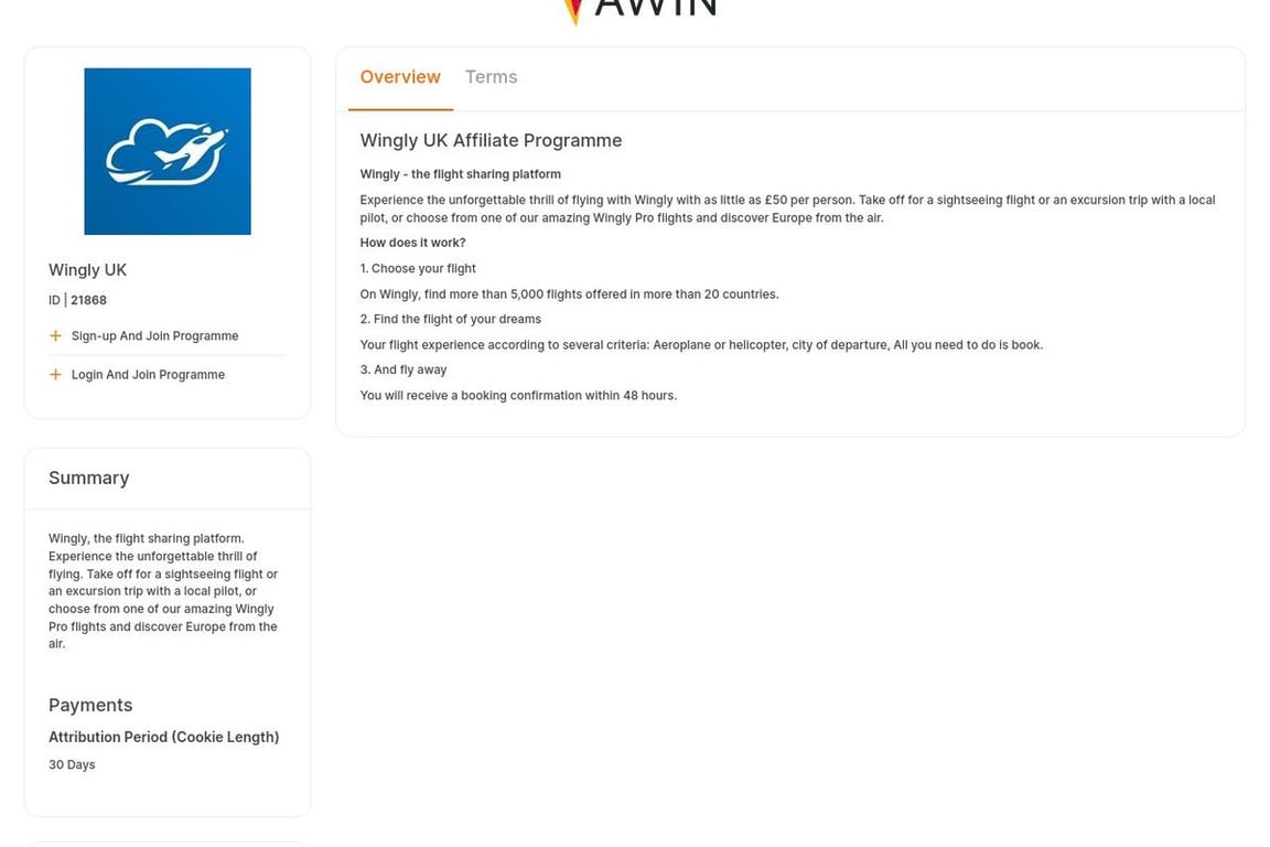 Wingly affiliate program signup page