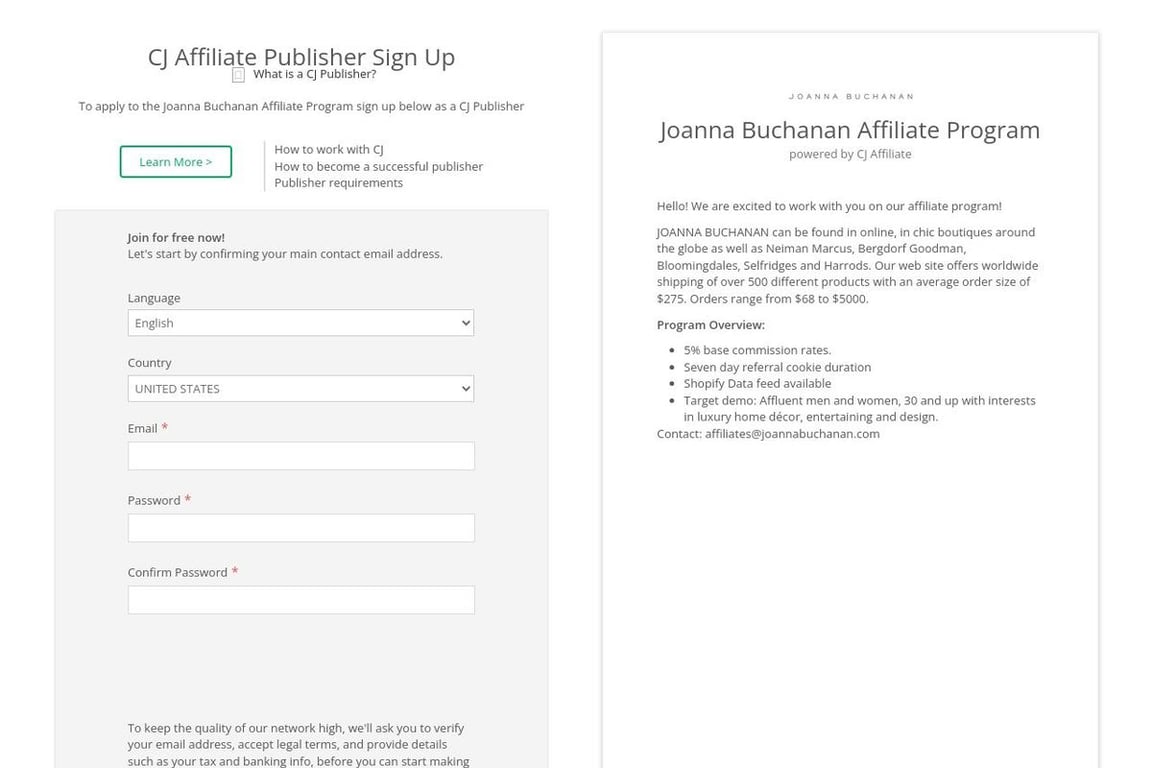 Joanna Buchanan affiliate program signup page