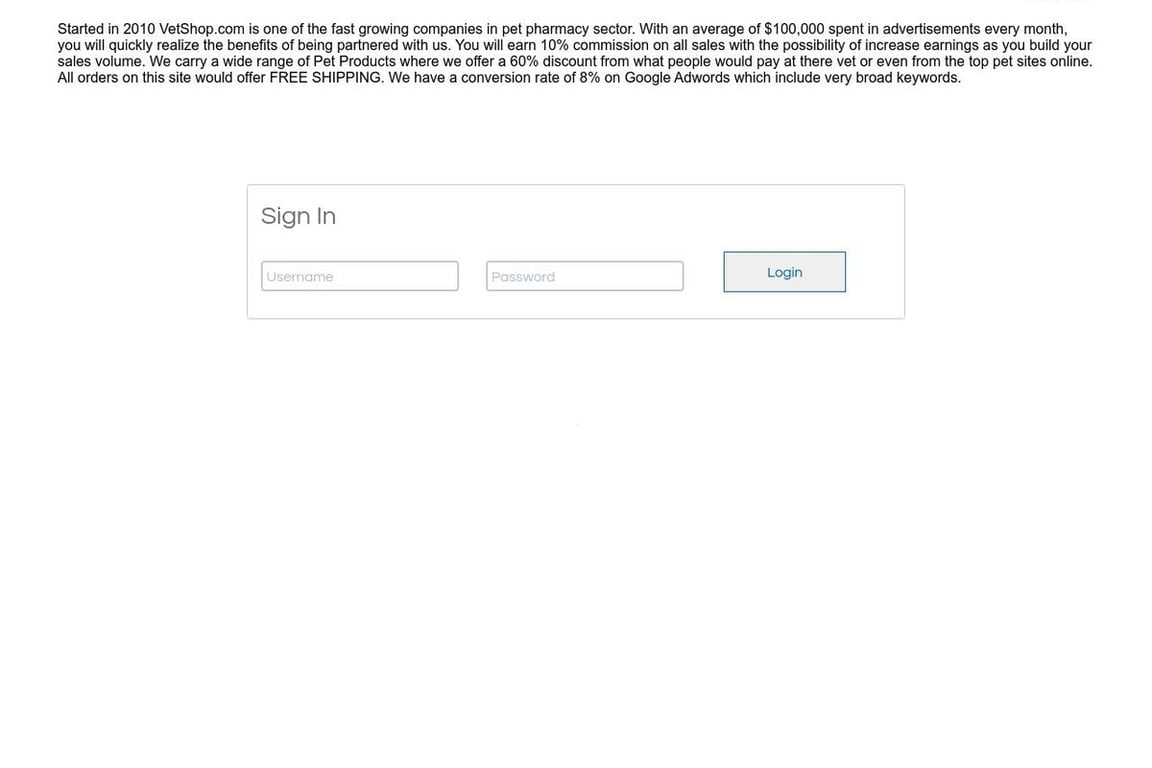 VetShop affiliate program signup page