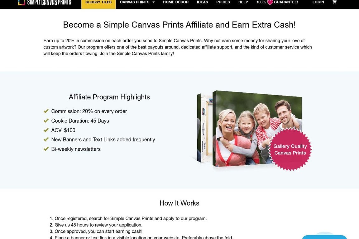Simple Canvas Prints affiliate program signup page