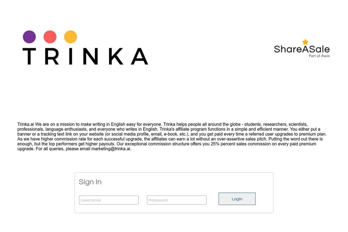 Trinka AI affiliate program signup page