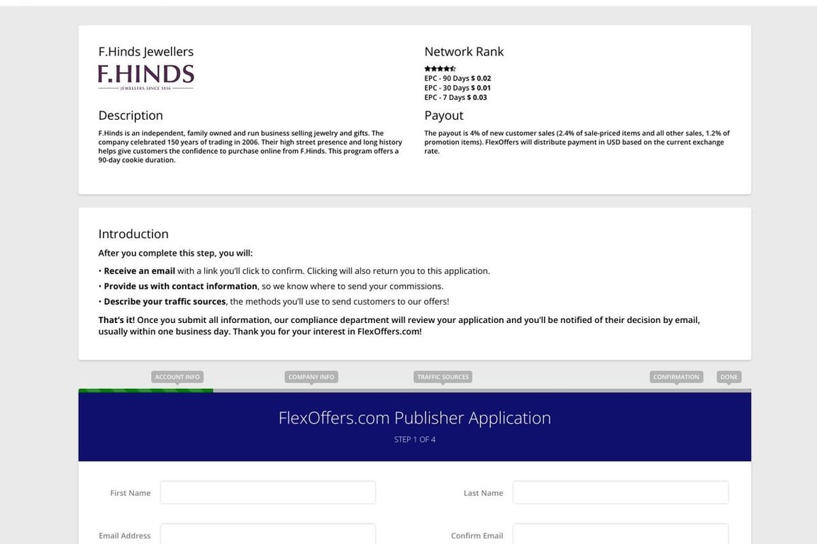 F.Hinds Jewellers affiliate program signup page