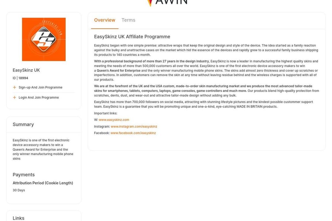 EasySkinz UK affiliate program signup page