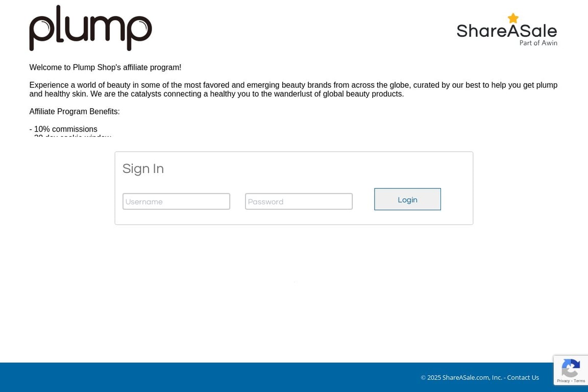 Plump Shop affiliate program signup page