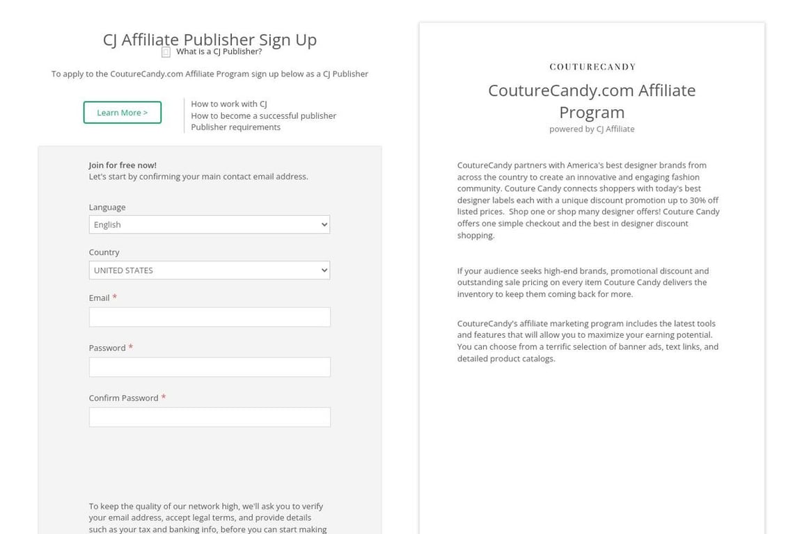 CoutureCandy.com affiliate program signup page