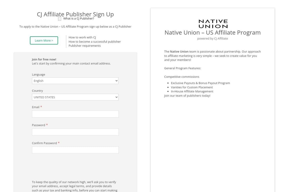 Native Union affiliate program signup page