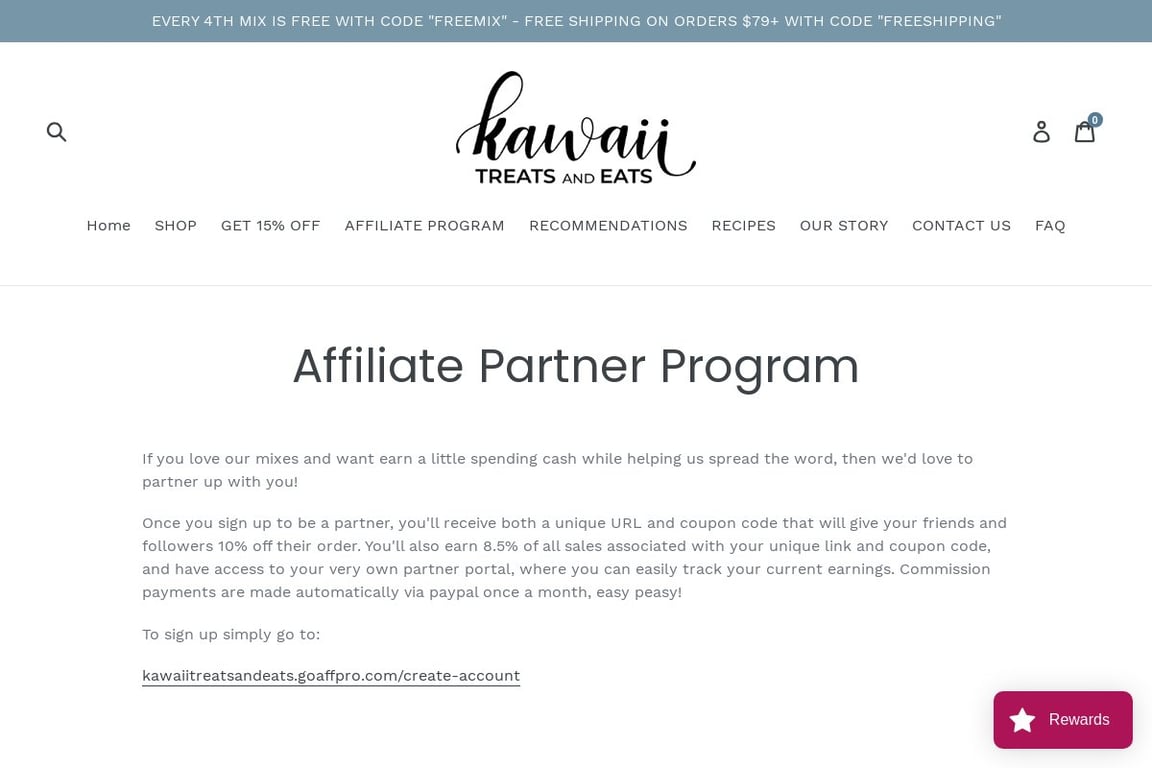 Kawaii Treats and Eats affiliate program signup page