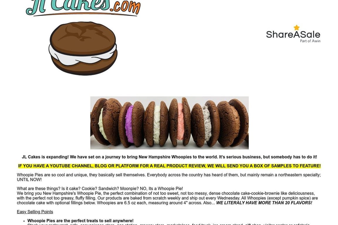 JL Cakes affiliate program signup page
