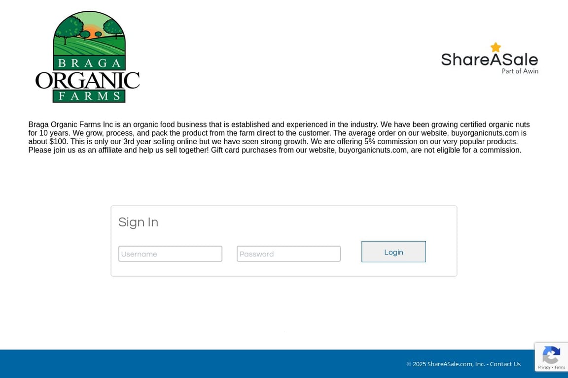 Braga Organic Farms affiliate program signup page