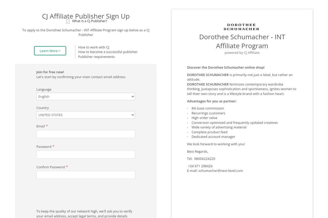 Dorothee Schumacher CA affiliate program signup page